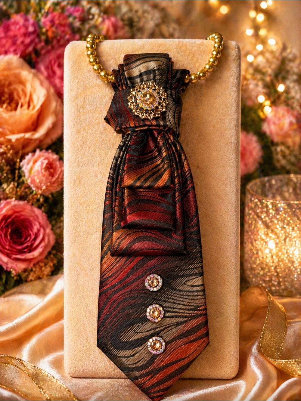 Classic Women’s Necktie Necklace in Burgundy and Bronze with Decorative Accents
